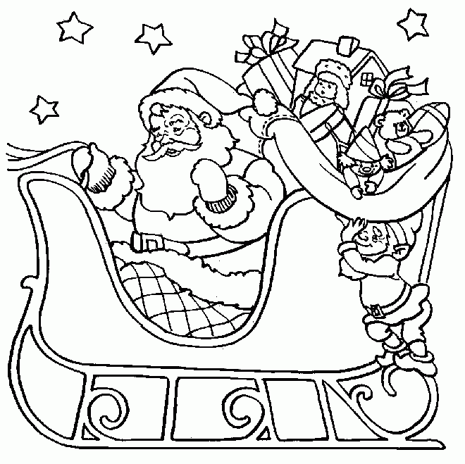 Mikołaj, elf i sanie pełne prezentów kolorowanka do druku